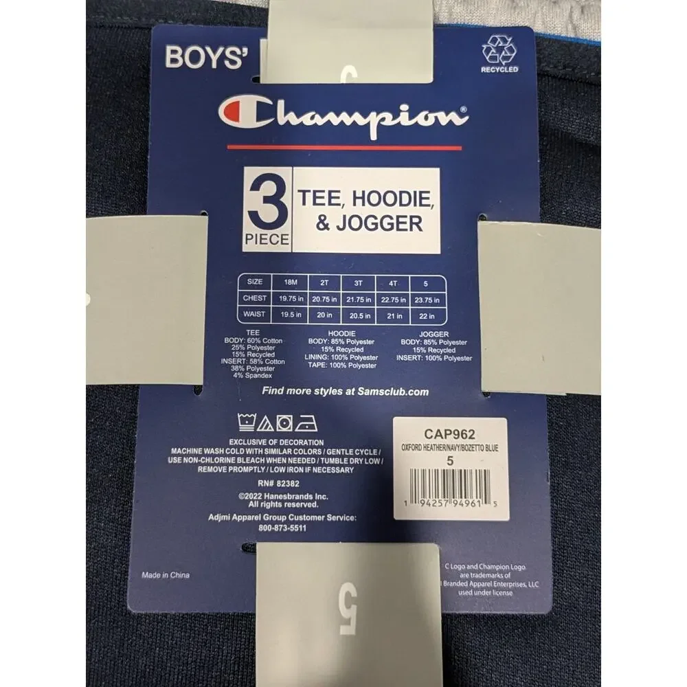 Champion Sweatsuit Boys 5 Gray Navy‎ Blue 3 Piece Joggers Zip Up Hoodie Tshirt